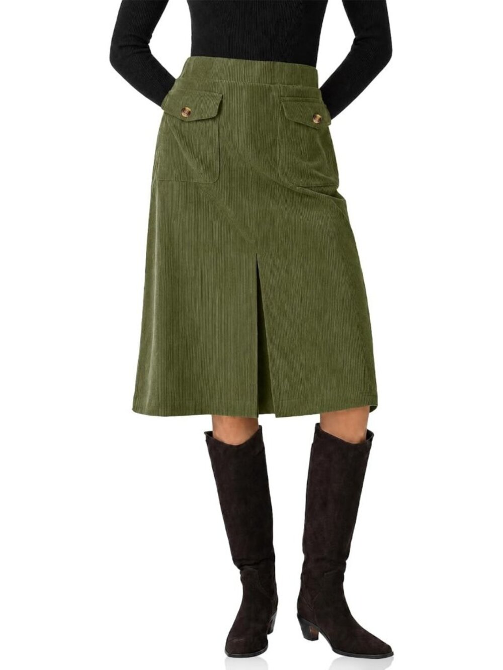 Chic Women’s Corduroy Midi Skirt - Fall A-Line Style with Front Slit